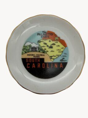 Vintage Dixie Japan South Carolina Palmetto State Souvenir Dish Gold Rim 3.125in